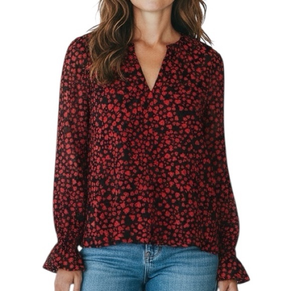 LOFT Tops - NWT ANN TAYLOR LOFT Black & Red Heart V-Neck Long Ruffle Sleeve Top Size Medium
